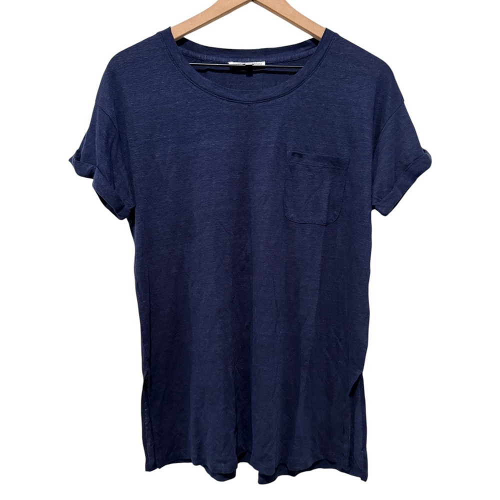 Rebecca Minkoff 100% Linen Top Women Sz L Blue Short Sleeve Coastal Casual